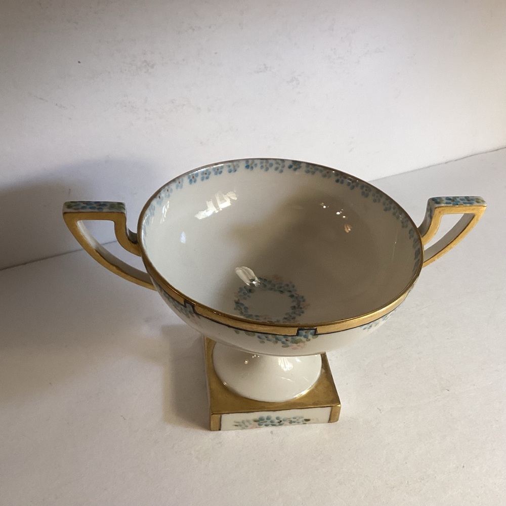 Antique American Belleek Willets Compote, Dainty Blue Floral With Gold Trim